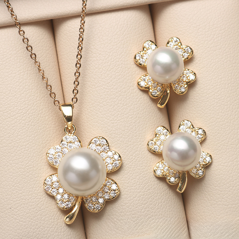 ❤️36k-2 14K Akoya Pearl Jewelry Set Four-leaf Necklace/Earrings