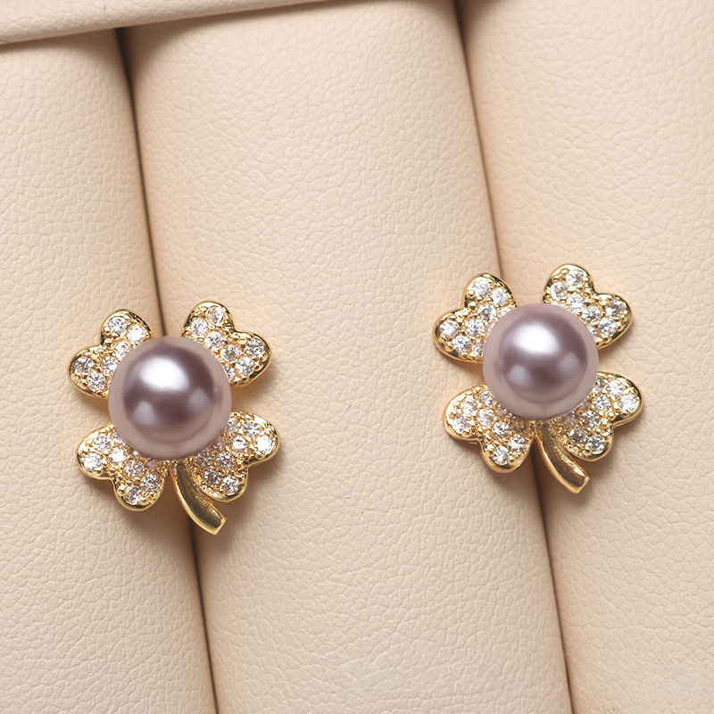 ❤️36k-2 14K Akoya Pearl Jewelry Set Four-leaf Necklace/Earrings