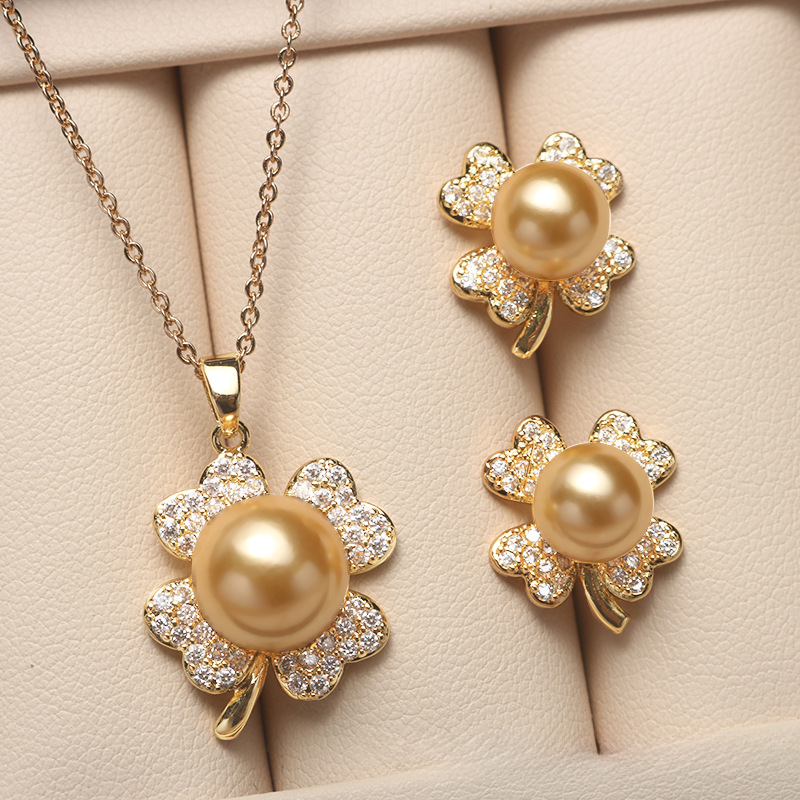 ❤️36k-2 14K Akoya Pearl Jewelry Set Four-leaf Necklace/Earrings