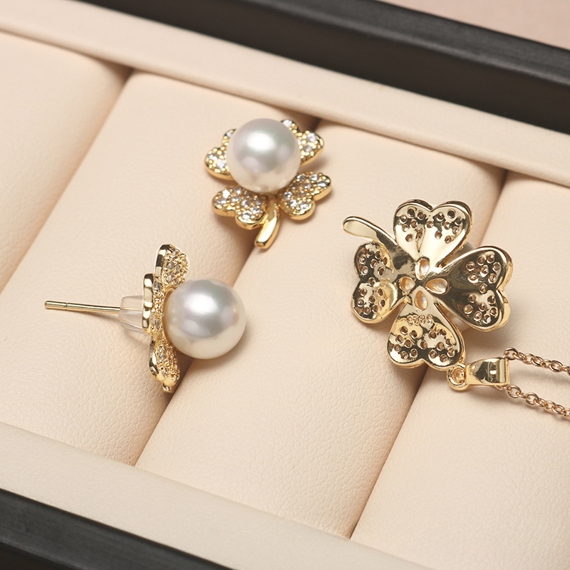 ❤️36k-2 14K Akoya Pearl Jewelry Set Four-leaf Necklace/Earrings