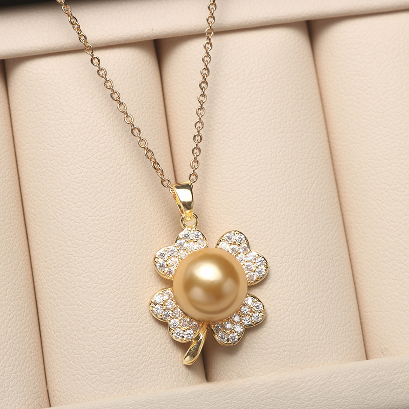 ❤️36k-2 14K Akoya Pearl Jewelry Set Four-leaf Necklace/Earrings