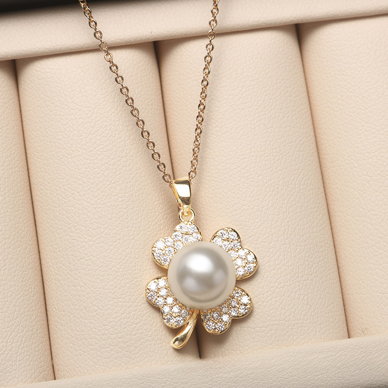 ❤️36k-2 14K Akoya Pearl Jewelry Set Four-leaf Necklace/Earrings