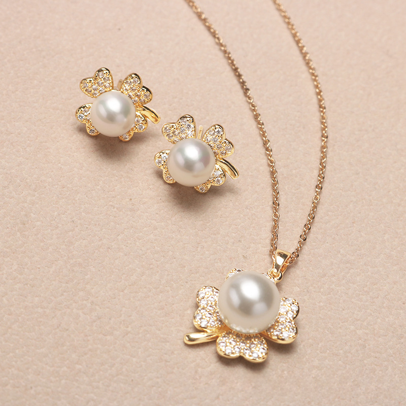 ❤️36k-2 14K Akoya Pearl Jewelry Set Four-leaf Necklace/Earrings