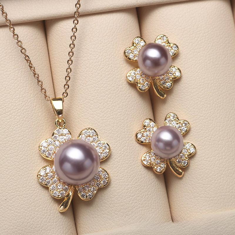 ❤️36k-2 14K Akoya Pearl Jewelry Set Four-leaf Necklace/Earrings